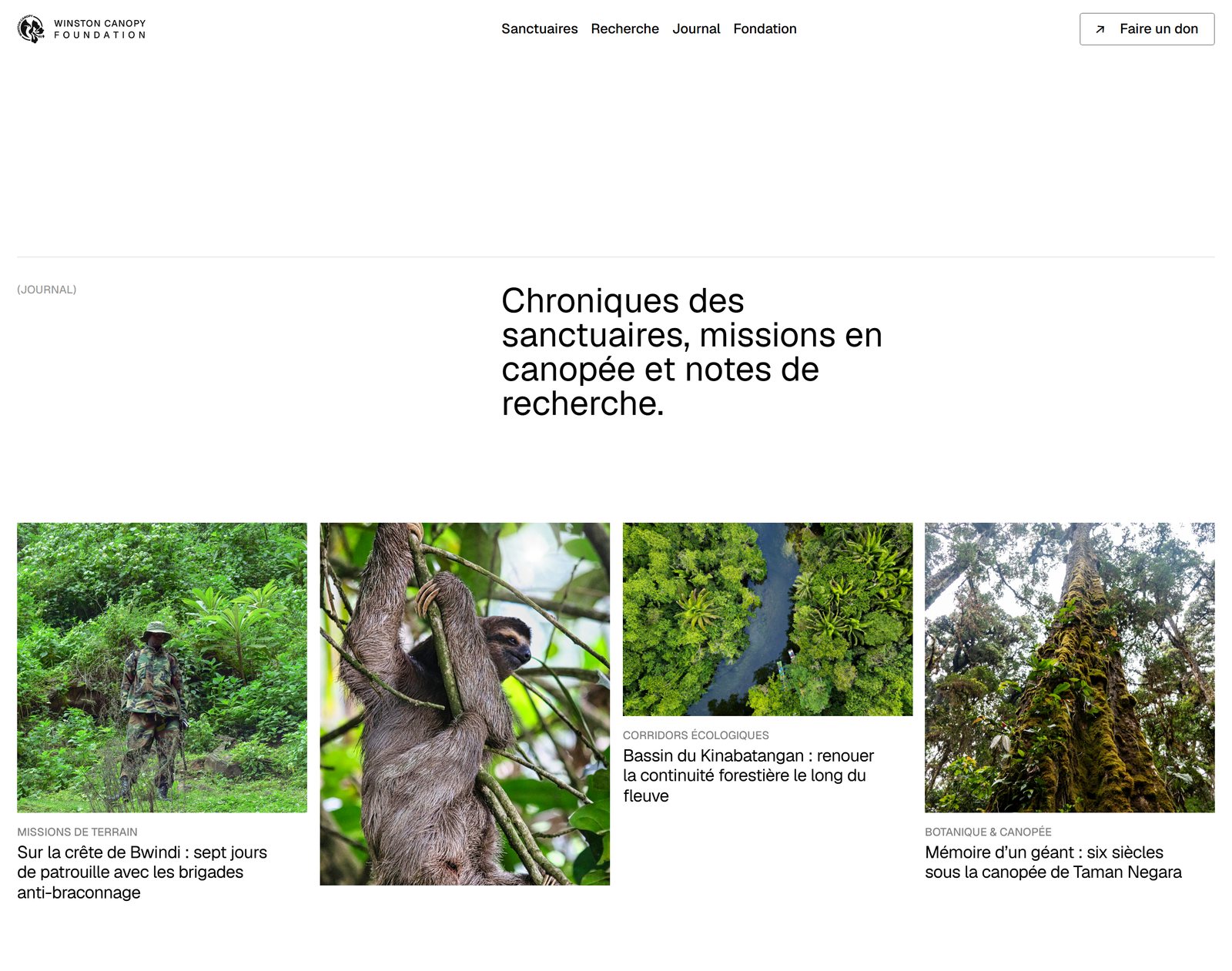 Journal page of the Winston Canopy Foundation website: sanctuary chronicles, canopy missions and research notes, full page