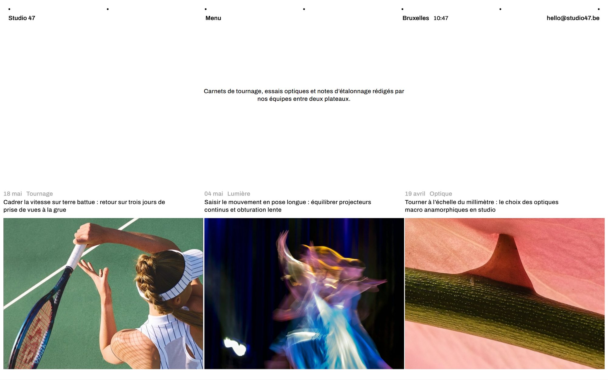 Web design mockup (Studio 47): Journal page of the Studio 47 website: three production notebooks