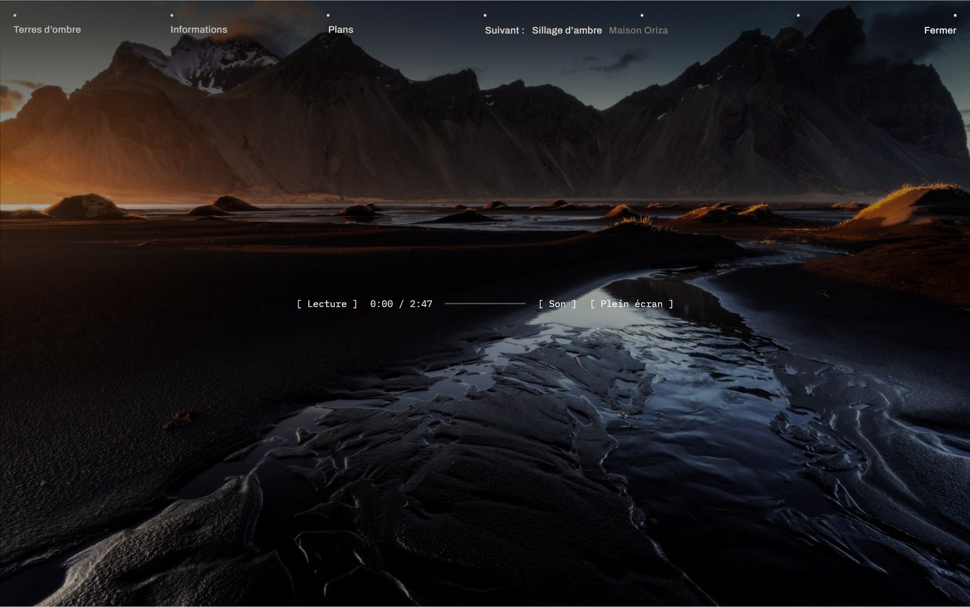 Web design mockup (Studio 47): Film page of the Studio 47 website: full-screen player over sunset mountainscape