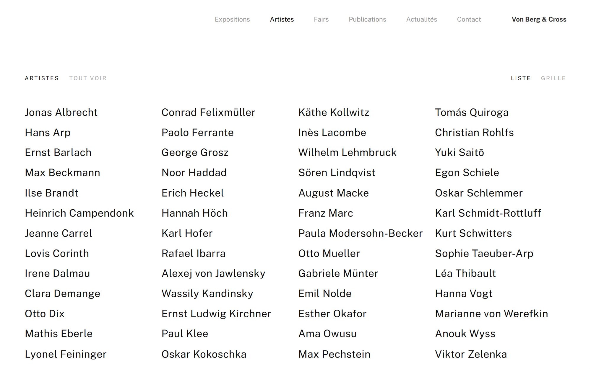 Web design mockup (Von Berg & Cross): Artists page of the Von Berg & Cross website: four-column artists roster