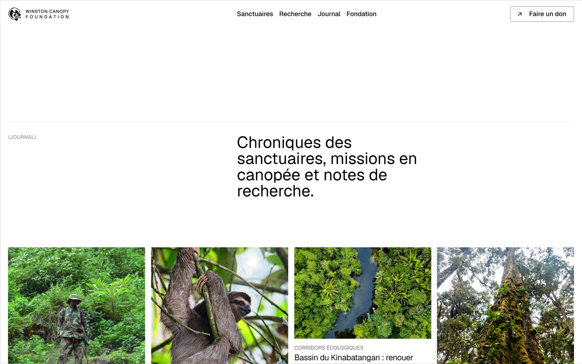 Web design mockup (Winston Canopy Foundation): Journal page of the Winston Canopy Foundation website: sanctuary chronicles, canopy missions and research notes