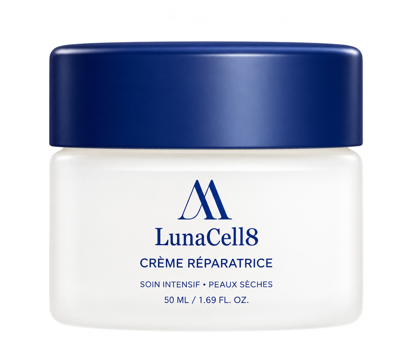 Pot de crème réparatrice LunaCell8 d'Ariel Ascot, couvercle bleu, sur fond blanc