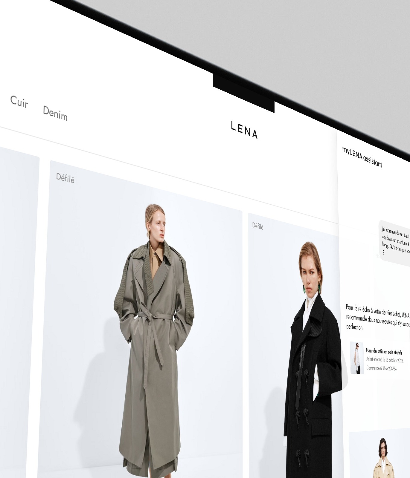Maquette du site e-commerce Lena Paris : catalogue de manteaux et assistant d'achat