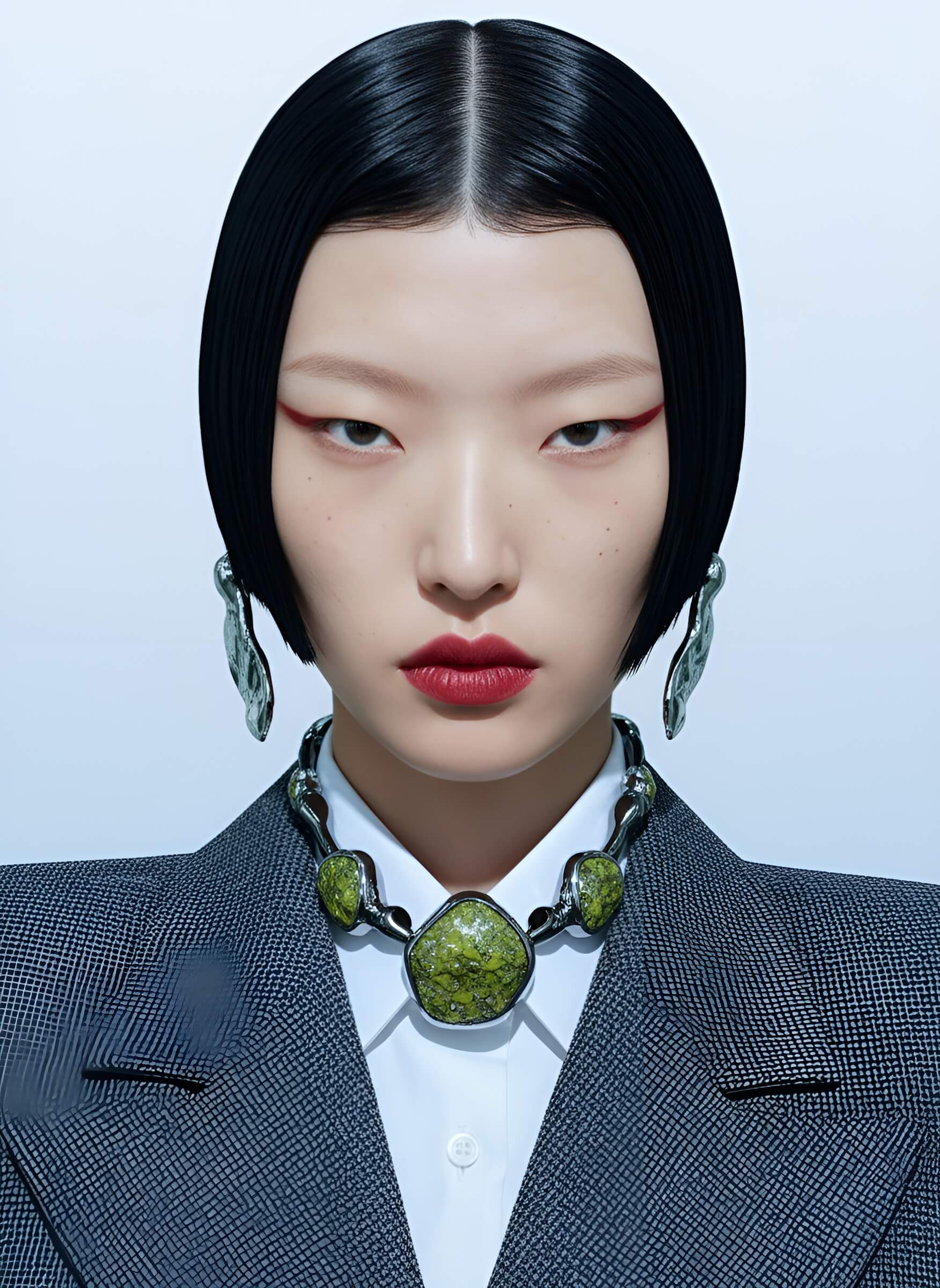 Portrait de femme aux cheveux noirs en veste de tailleur grise, campagne Lena Paris