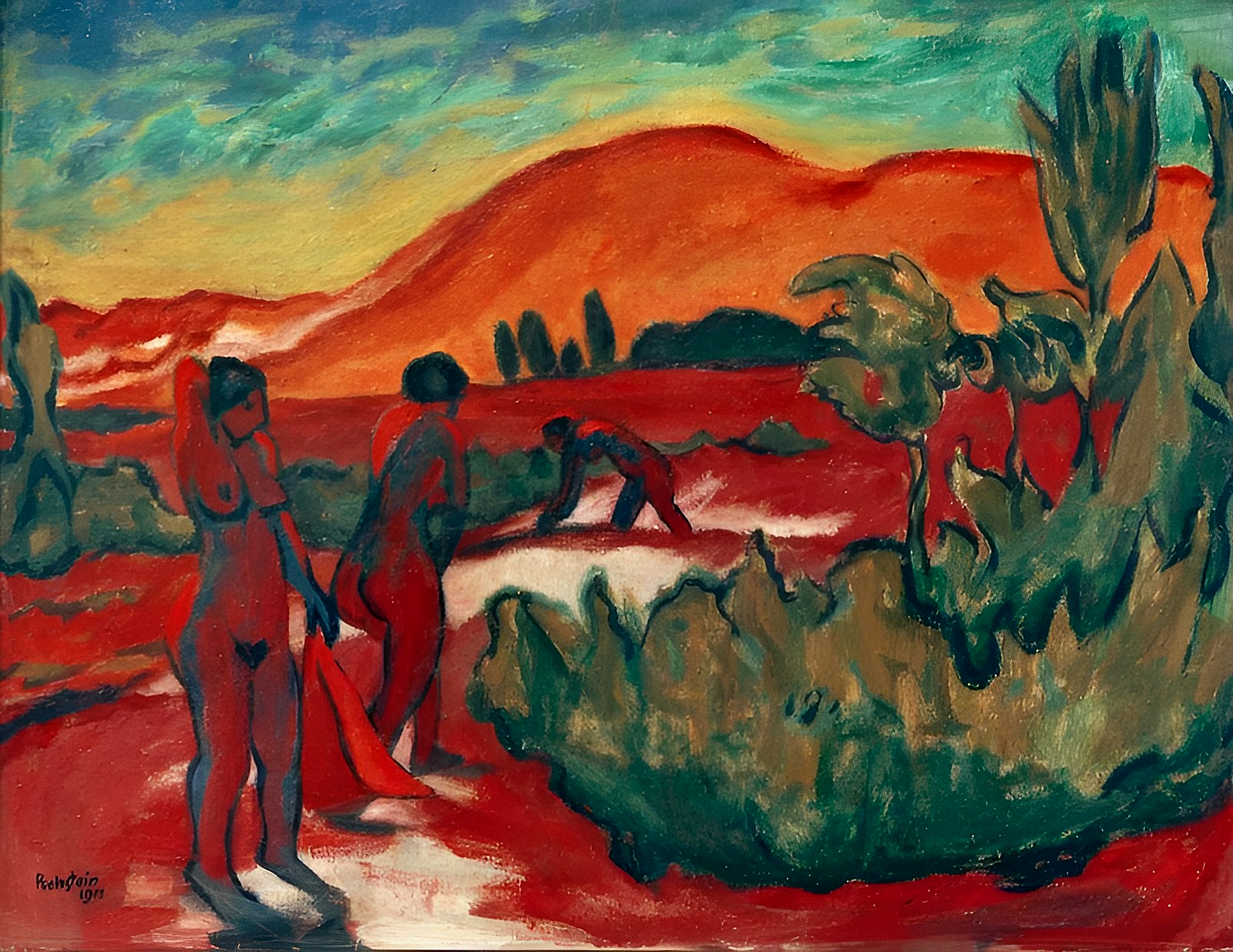 Paysage expressionniste signé Pechstein : baigneurs nus dans des dunes rouges, présenté par Von Berg & Cross